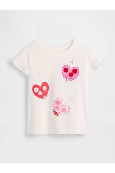 GAP Kız Bebek Beyaz Ruffle 3D Grafik Baskılı T-Shirt