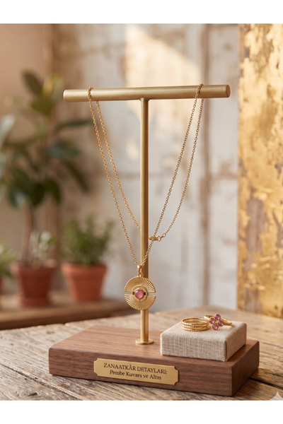 Barla Atelier Barla Bohem Lüks Pembe Taşlı Altın Kaplama Güneş Kolye
