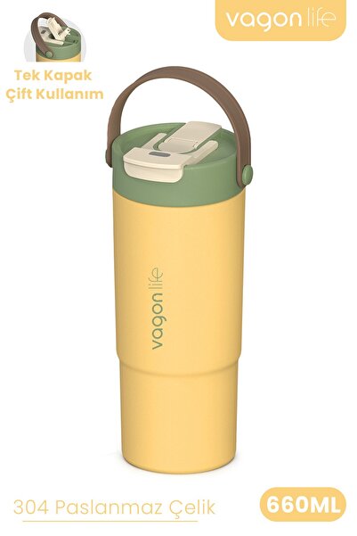 Vagonlife Tumbler Mug 660 ML Tek Kapak Çift Kullanım Pipetli Rahat İçim Kulpl...