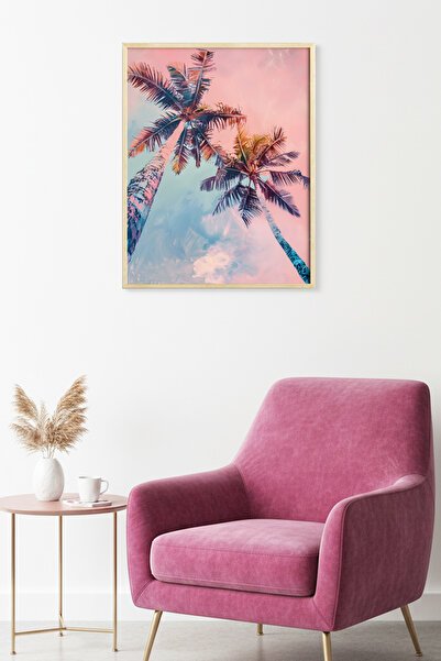 huhuli Tablou cu model de frunze tropicale, încadrat în lemn natural - Tonuri...