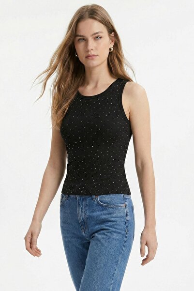 Rays Μαύρη μπλούζα με λαιμόκοψη ποδηλάτου και πέτρες 2216