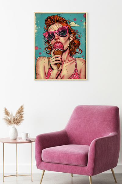 huhuli Επιτραπέζια ζωγραφιά με μοτίβο Pop Art σε ροζ τόνους με φυσικό ξύλινο ...