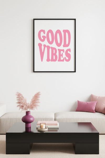 huhuli Ρετρό πίνακας με φυσικό ξύλινο πλαίσιο - Ροζ με γραφή  "Good Vibes " |...