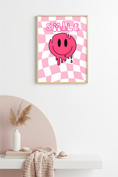 huhuli Ρετρό πίνακας με φυσικό ξύλινο πλαίσιο - Ροζ Smiley Pop Art Ζωηρή τέχν...