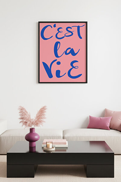 huhuli Tablou minimalist C'est La Vie cu ramă din lemn natural - Script franc...