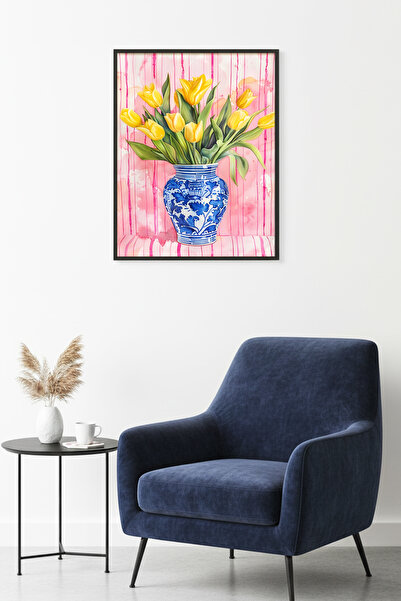 huhuli Επιτραπέζια ζωγραφιά με σχέδιο κίτρινης τουλίπας με φυσικό ξύλινο πλαί...