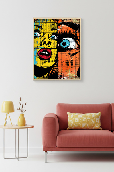 huhuli Πίνακας με αφηρημένο σχέδιο ποπ αρτ με φυσικό ξύλινο πλαίσιο - Κίτρινο...