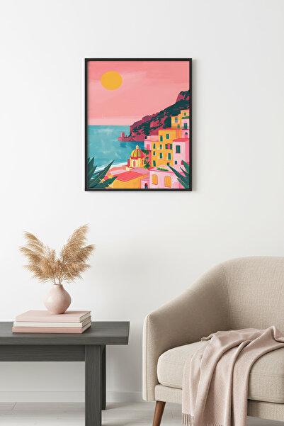 huhuli Ρετρό Πίνακας με Φυσικό Ξύλινο Πλαίσιο - Παστέλ Αποχρώσεις Μεσογειακής...