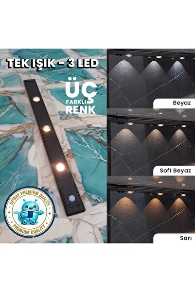 UpWay Sensörlü 40 cm 3’lü LED Lamba – 3 Renkli Ayarlanabilir Tezgah Merdiven Dolap Aydınlatma