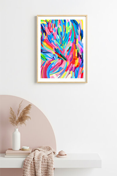 huhuli Tablou cu model abstract retro, încadrat în lemn natural - Culori vibr...