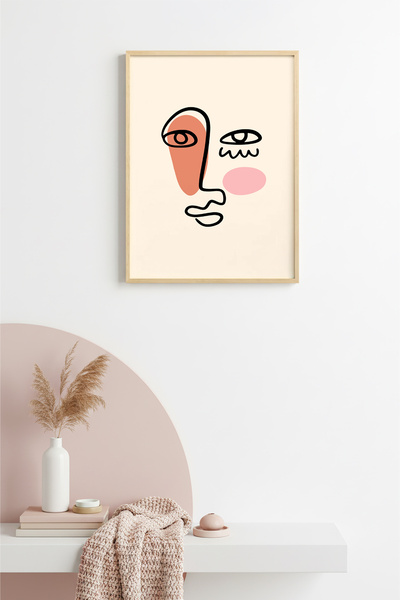 huhuli Pictură abstractă cu portret de față înrămată în lemn natural - Artă m...