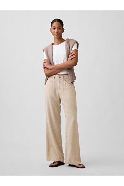 GAP Kadın Bej High Rise Keten Karışımı Wide-Leg Pantolon