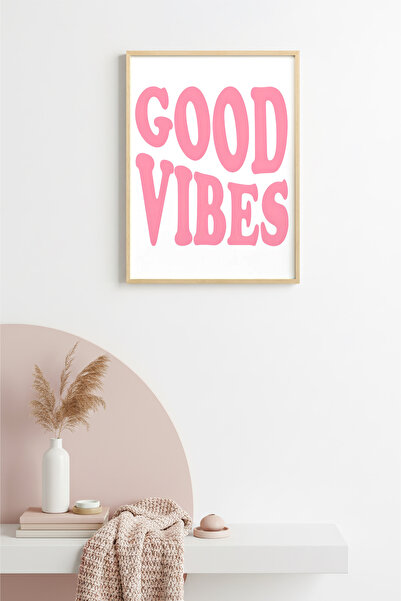 huhuli Ρετρό πίνακας με φυσικό ξύλινο πλαίσιο - Σχέδιο με ροζ κείμενο Good Vi...