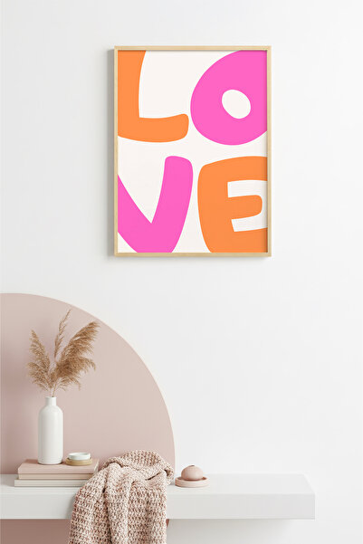 huhuli Πίνακας Pop Art Love με φυσικό ξύλινο πλαίσιο - Ροζ πορτοκαλί κείμενο ...