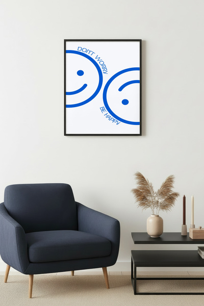 huhuli Tablou retro cu ramă din lemn natural - Model abstract albastru cu smi...