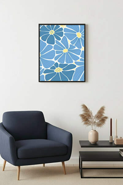 huhuli Ρετρό πίνακας με φυσικό ξύλινο πλαίσιο και μπλε λουλουδάτο σχέδιο - Φλ...