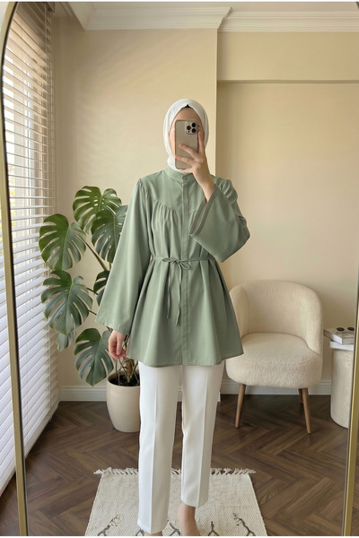 HİFADEN Women's High Collar Belted Tunic Blouse Balloon Sleeve Relaxed Fit Hi...