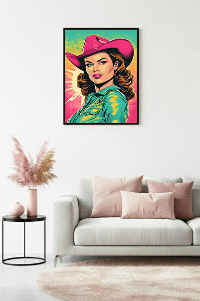 huhuli Πίνακας Πορτρέτου Pop Art με Φυσικό Ξύλινο Πλαίσιο - Ρετρό Ροζ-Τιρκουά...