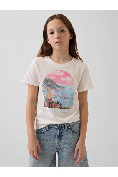 GAP Kız Çocuk Beyaz Relaxed Grafik Baskılı T-Shirt