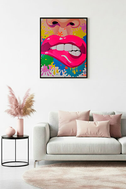 huhuli Πίνακας Pop Art Pink Lips με φυσικό ξύλινο πλαίσιο - Ζωντανοί τόνοι | ...