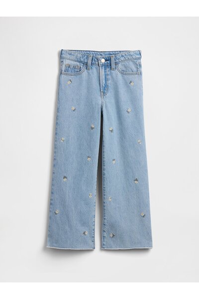 GAP Kız Çocuk Mavi High Rise Papatya İşlemeli Wide-Leg Jean Pantolon