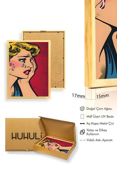 huhuli Natural Wood Framed Pop Art Portrait Painting - Red Tones |   Huhu1888 - Single Table Natural Wood Frame