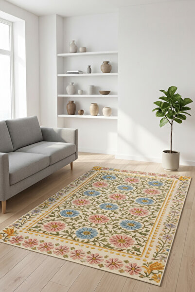 GECE HOME Çiçek Desenli Kaymaz Taban Halı Yolluk Dijital Baskı Renkli Salon O...