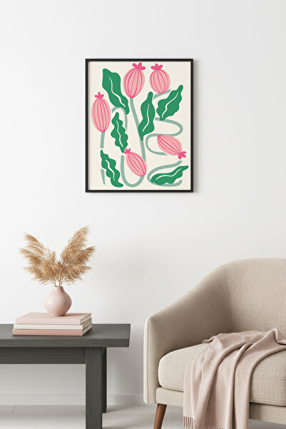 huhuli Ρετρό Βοτανικός Πίνακας με Φυσικό Ξύλινο Πλαίσιο - Ροζ Ανθισμένα Φύλλα...