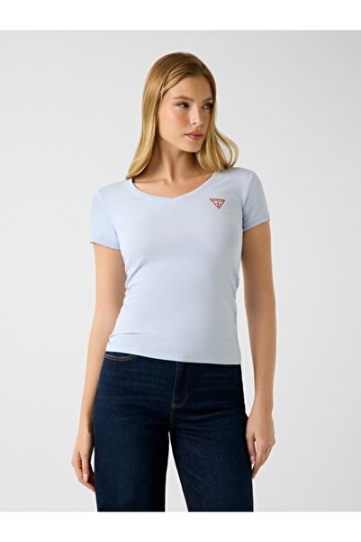 Guess Ελαστικό βαμβακερό μπλουζάκι με λογότυπο και λαιμόκοψη V σε στενή γραμμ...