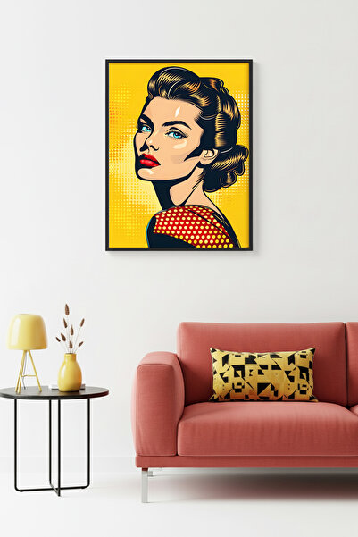 huhuli Tablou portret cu ramă din lemn natural - Stil Pop Art - Galben vibran...