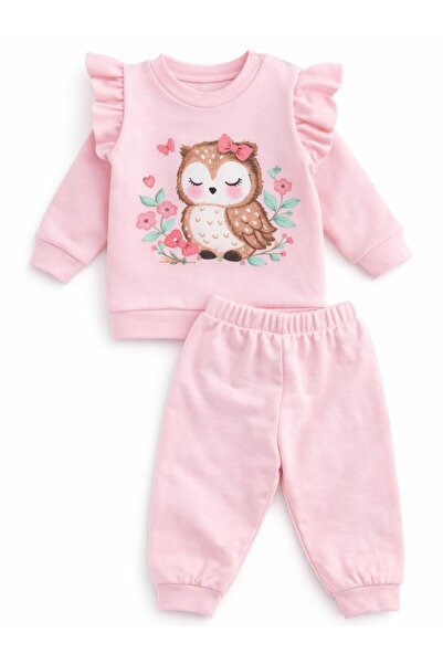 ozbaby.com Pastel Owl Printed Baby Girl Set 100% Cotton Seasonal Ruffle Sleev...