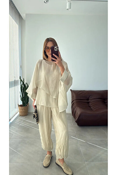 manana fashion Σετ δύο τεμαχίων με μπλούζα και παντελόνι από λυοσέλ σε στυλ ι...