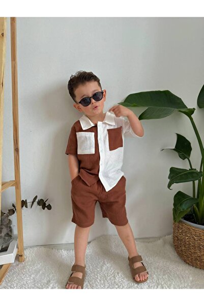 RÜYA KİDS Boy's Summer Muslin Fabric Shirt Shorts 2-Piece Set