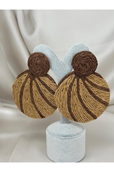 ZS Aksesuar Wicker Look Brown Earrings Zr Model – Round Design Summer Women's...
