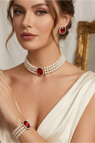 Happyline Pearl Red Oval Stone Gold Plated Glass Pearl Choker Necklace Design...