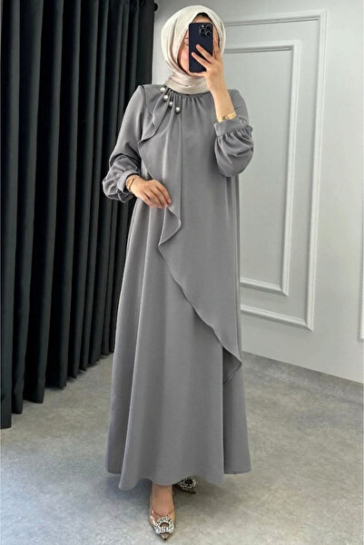 Abiye Diyarı Γυναικείο φόρεμα με κρεπ υφασμάτινο γιακά με λεπτομέρεια από μαρ...