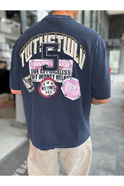 BYBASICMAN Tricou supradimensionat, albastru marin, cu broderie, lavabil, TW1140