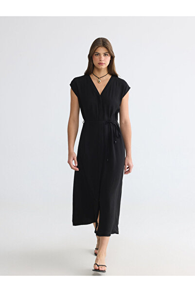 LC Waikiki Nevavm V-Neck Belted Waist Textured Dress with a Difference