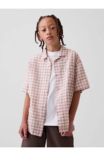 GAP Erkek Çocuk Açık Kahverengi Keten Pamuk Karışımı Relaxed Vacay Gömlek