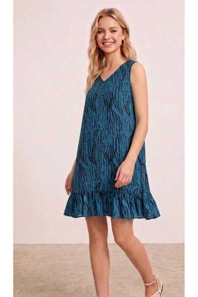 SSO Patterned Sleeveless Strappy Flounced Summer Viscose Dress with Ruffles (...