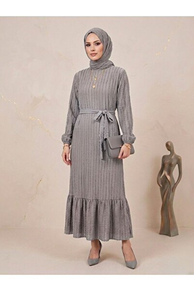 ECEYLÜL MODA Γυναικείο γκρι φόρεμα με υφή μπουρούμικ, ελαστικό, μάξι μήκους, ...