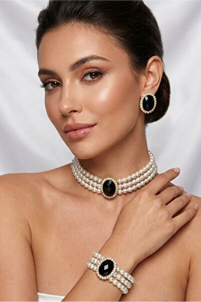 Happyline İncili siyah oval taşlı gold kaplama cam inci choker kolye tasarım ...