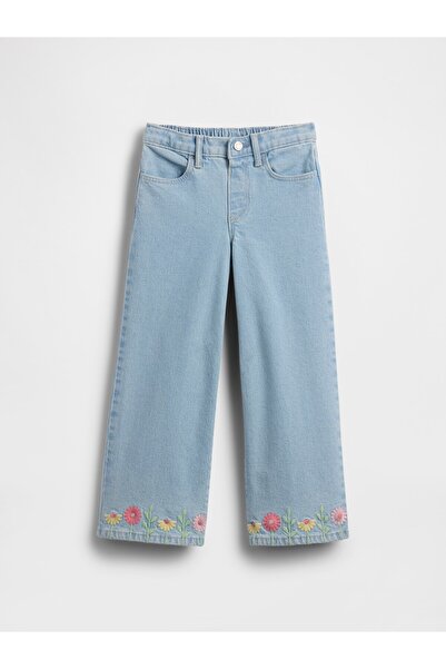 GAP Kız Bebek Açık Mavi İşlemeli Wide-Leg Jean Pantolon