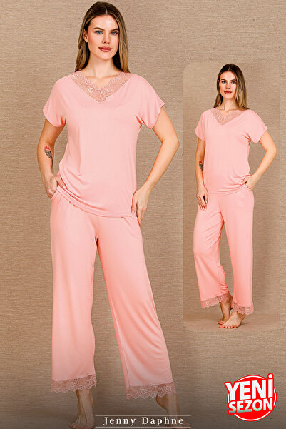 Jenny Daphne Γυναικείο Σετ Πιτζάμες από Βαμβάκι σε Ροζ Πούδρα – Με Δαντελένια...