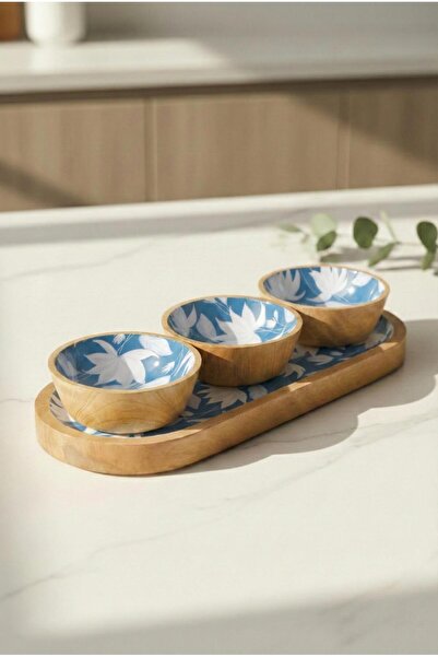 EWs Mango Wood Triple Bowl Set with Stand & Patterned Presentation and Servin...