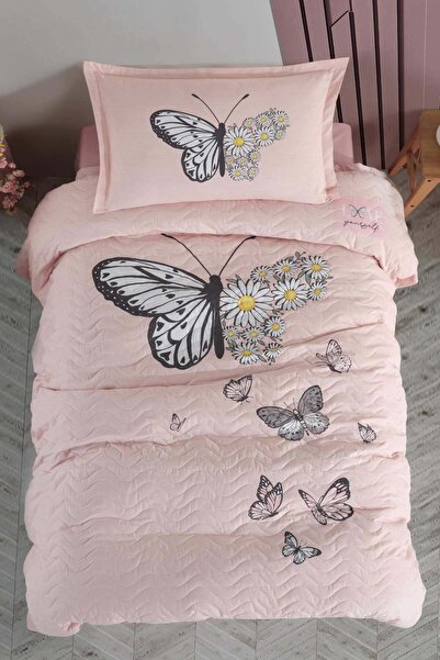 DENİZLİ ÇEYİZ Clasy Single 4 Season Quilted Duvet Cover Set Daisy Love Salmon