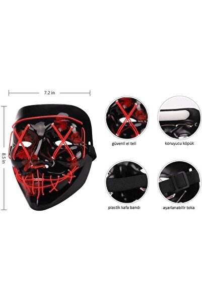 ORVİCA Hallowen Led Işıklı Neon Maske 3 Modlu Parti Eğlence Maskesi Korku Kırmızı Led Neon Maskesi