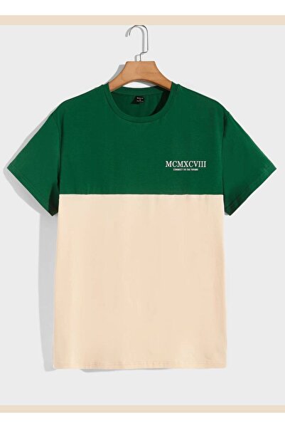 VESTIR BIEN Green-Beige Piecewise Mcmxcv Printed Children's Cotton T-Shirt