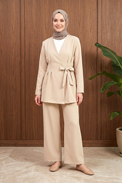 FERHEL Women's Detailed Tie-Up Jacket and Trousers Set - Beige