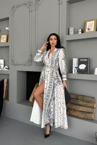 OEM Rochie lungă elegantă alb-negru cu imprimeu ornamental, nasturi decorativi și cordon în talie, S